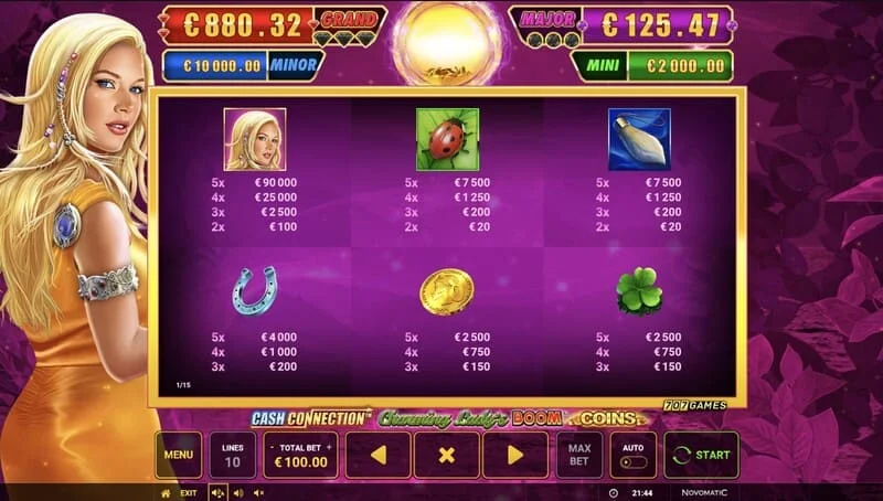 Cash Connection - Charming Lady's Boom Coins – Boom Spins Minispiel auf erweitertem Raster